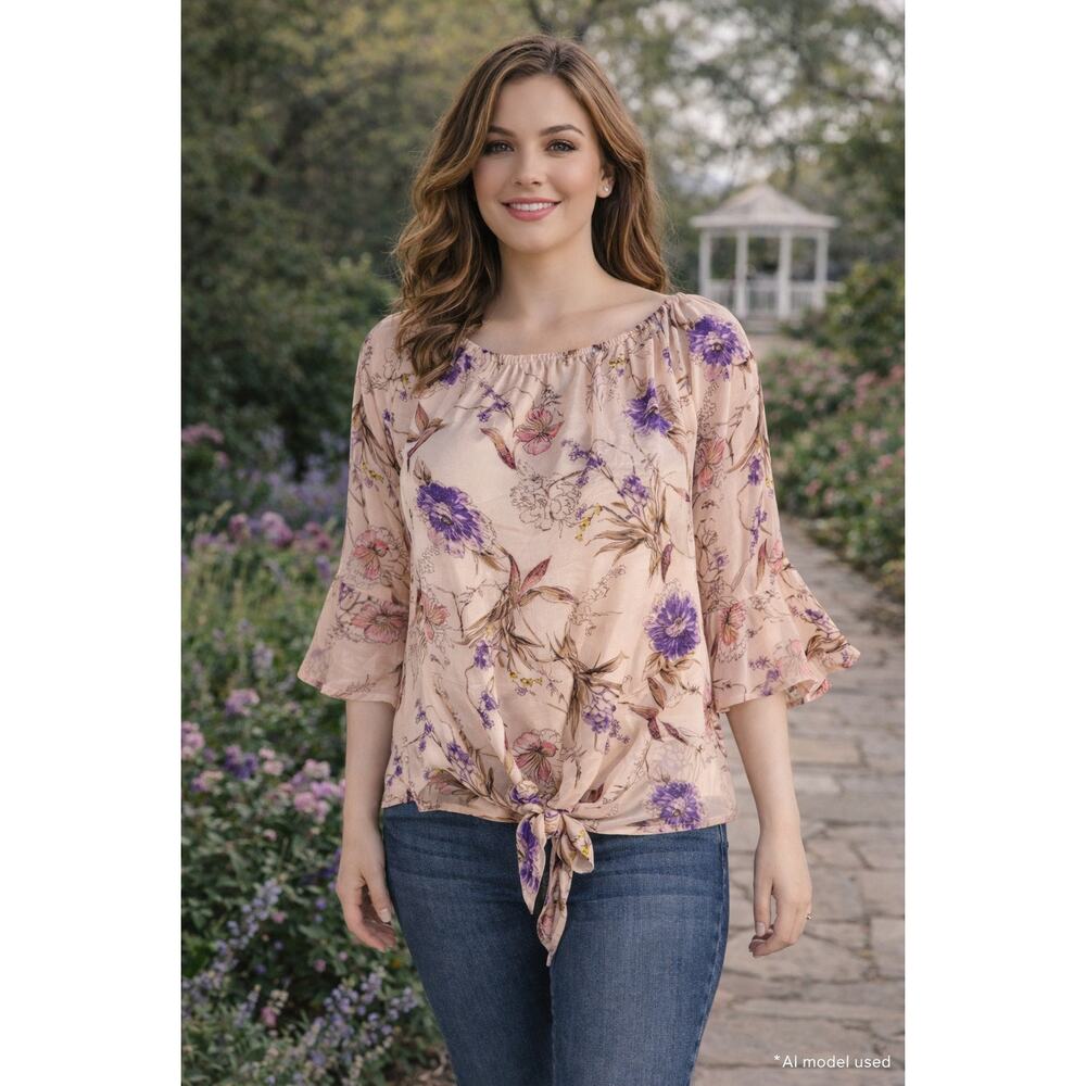 White Birch Sheer Floral Tie Waist Blouse Romantic Indie Boho Small Garden Style